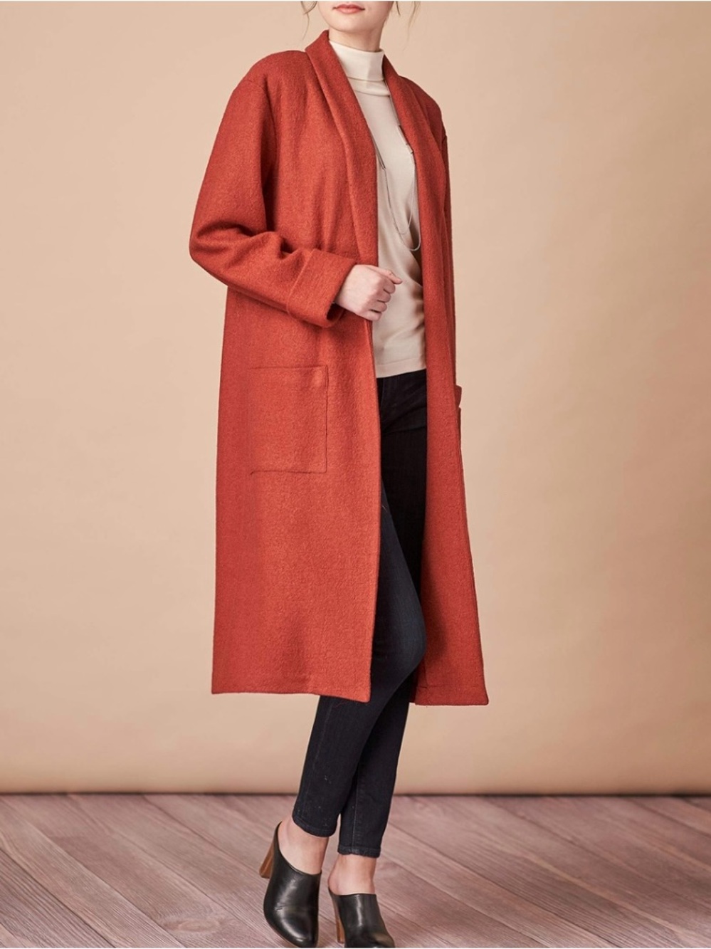 Long Open-Front Orange Wool Blend Coat